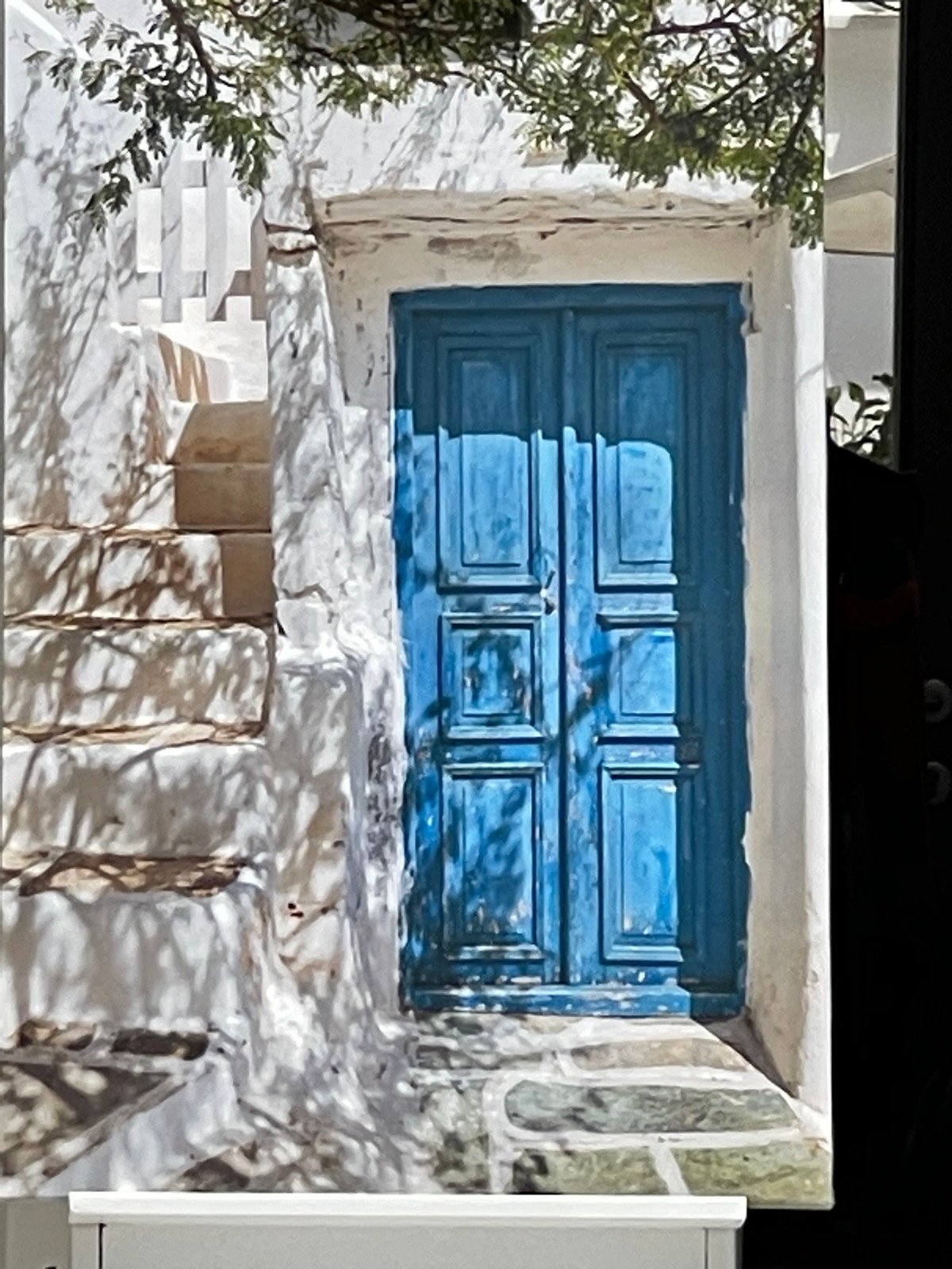 A weathered blue door in a whitewashed wall